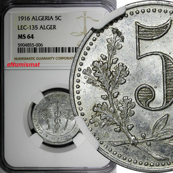 Algeria Aluminium 1916 5 Centimes NGC MS64 ALGER Lec-135 KM# TnA1 (006)