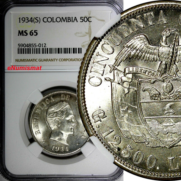 Colombia Silver 1934 (S) 50 Centavos NGC MS65 1 GRADED HIGHEST KM# 274 (012)