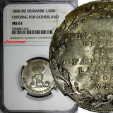 Denmark Frederik VI Silver 1808 MF 1/6 Rigsdaler NGC MS61 Fatherland KM# 664(16)