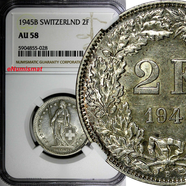Switzerland Silver 1945 B 2 Francs NGC AU58 Helvetia KM# 21 (028)