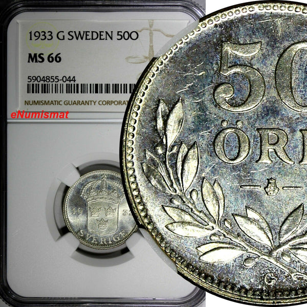 Sweden Gustaf V Silver 1933 50 Öre NGC MS66 BU KM# 788 (044)