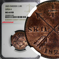 SWEDEN Carl XIV Copper 1825 1/4 SKILLING Open"4" NGC MS64 RB TOP GRADE KM595 (5)