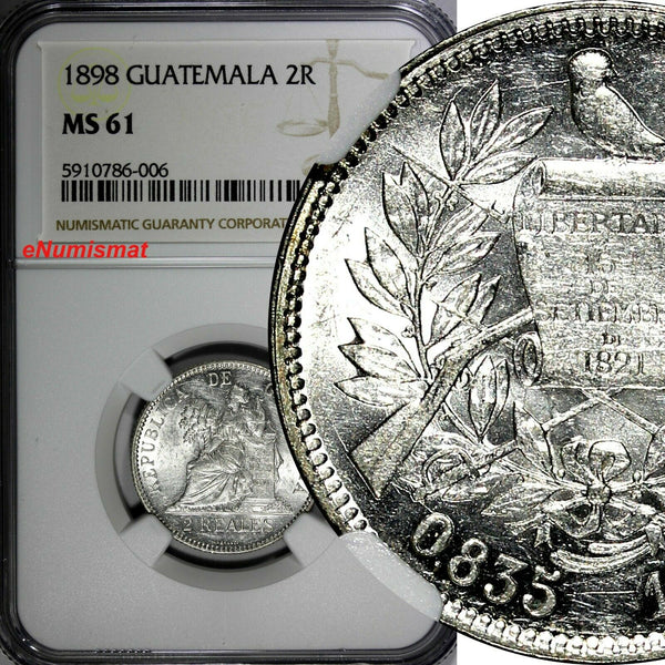 Guatemala Silver 1898 2 Reales NGC MS61 KM# 167 (006)