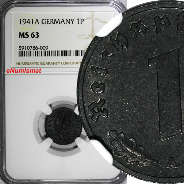 Germany-Third Reich Zinc 1941 A 1 Reichspfennig WWII NGC MS63 TOP GRADE KM97(09)