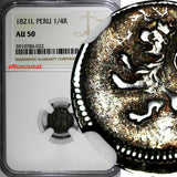 Peru Fernando VII Silver 1821 L 1/4 Real NGC AU50 Toned SCARCE KM# 108 (022)