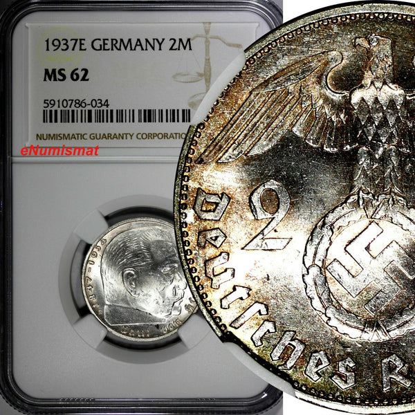 Germany - Third Reich Silver 1937 E 2 Reichs Mark NGC MS62 Hindenburg KM# 93(34)