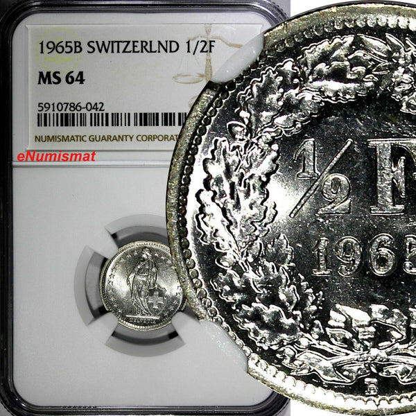 Switzerland Silver 1965 B 1/2 Franc NGC MS64 GEM BU KM# 23 (042)