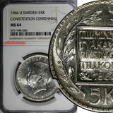 SWEDEN Silver 1966 U 5 Kronor NGC MS64 Constitution Reform 1 YEAR KM# 839 (006)