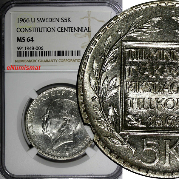 SWEDEN Silver 1966 U 5 Kronor NGC MS64 Constitution Reform 1 YEAR KM# 839 (006)