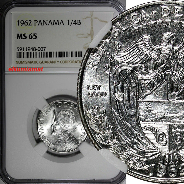 Panama Vasco Núñez de Balboa Silver 1962 1/4 Balboa NGC MS65 KM#11.2(007)