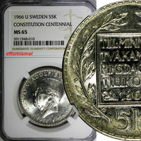 SWEDEN Silver 1966 U 5 Kronor NGC MS65 Constitution Reform 1 YEAR TYPE KM839 (0)