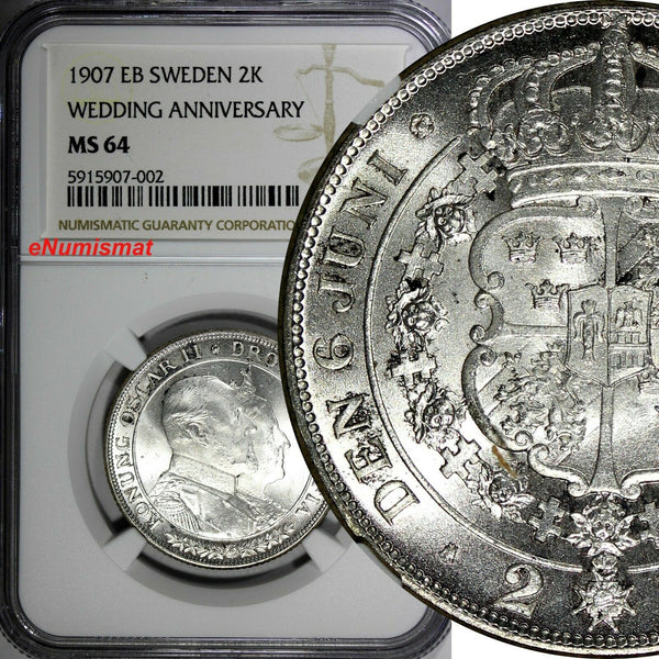 SWEDEN Silver 1907 EB 2 Kronor NGC MS64 Golden Wedding Anniversary KM# 776 (002)