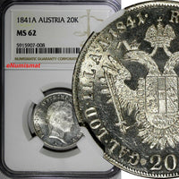 AUSTRIA Ferdinand I (1835-1848) Silver 1841-A 20 Kreuzer NGC MS62 KM# 2208 (08)