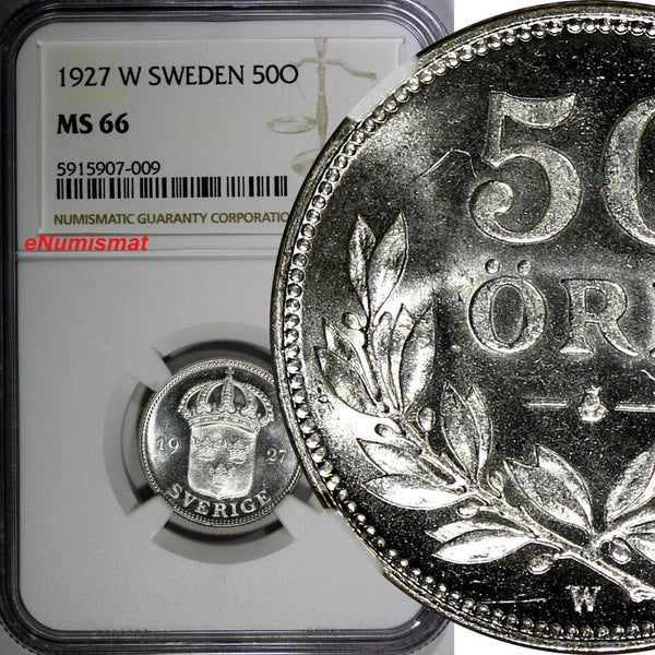 SWEDEN Gustaf V Silver 1927 W 50 Ore NGC MS66 TOP GRADED SCARCE KM# 788 (009)