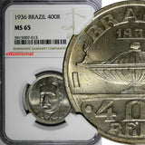 Brazil 1936 400 Reis NGC MS65 Oswaldo Cruz,Mint Luster Toned  KM# 539 (013)