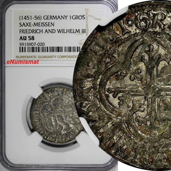 Germany Saxe-Meissen Friedrich & Wilhelm (1451-56) 1 GROSCHEN NGC AU58 TOP GRADE