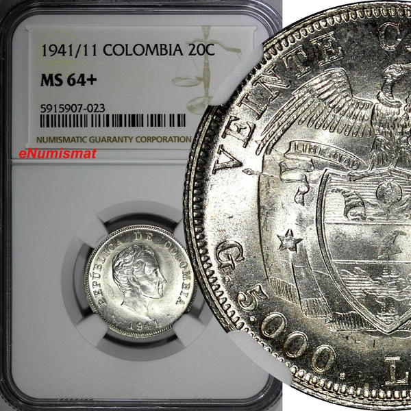 Colombia Silver 1941/11 20 Centavos OVERDATE NGC MS64+ TOP GRADED KM# 197 (23)