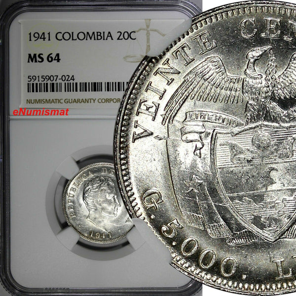 Colombia Silver Bolivar 1941 20 Centavos NGC MS64 1 GRADED HIGHEST KM# 197 (24)