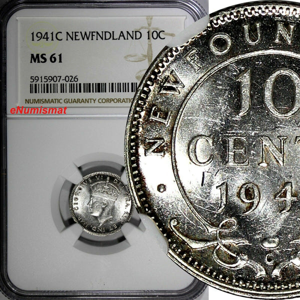 Canada NEWFOUNDLAND George VI Silver 1941 C 10 Cents NGC MS61 KM# 20 (026)