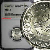 EGYPT Farouk (1936-1952) Silver AH1361//1942 2 Piastres NGC MS64 KM# 365 (028)