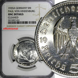 Germany-Third Reich Silver 1935 A 5 Reichsmark NGC UNC DET Hindenburg KM# 86(1)