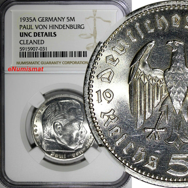 Germany-Third Reich Silver 1935 A 5 Reichsmark NGC UNC DET Hindenburg KM# 86(1)