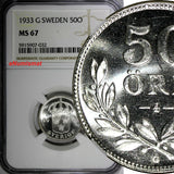 SWEDEN Gustaf V Silver 1933 G 50 Ore NGC MS67 TOP GRADED SCARCE KM# 788 (032)