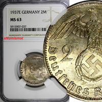 Germany-Third Reich Silver 1937 E 2 Reichs Mark NGC MS63 Hindenburg KM# 93 (037)