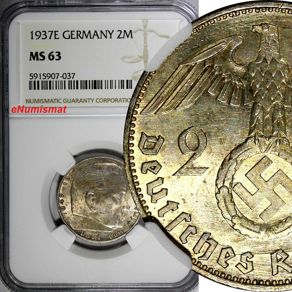 Germany-Third Reich Silver 1937 E 2 Reichs Mark NGC MS63 Hindenburg KM# 93 (037)