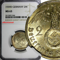 GERMANY-Third Reich Silver 1939 D 2 ReichsMark NGC MS63 Hindenburg KM# 93 (044)