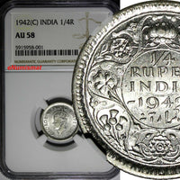 India-British George VI Silver 1942 (C) 1/4 Rupee NGC AU58 2 YEAR TYPE KM#546(1)