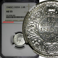 India-British George VI Silver 1940 (C) 1/4 Rupee NGC AU55 KM# 545 (002)