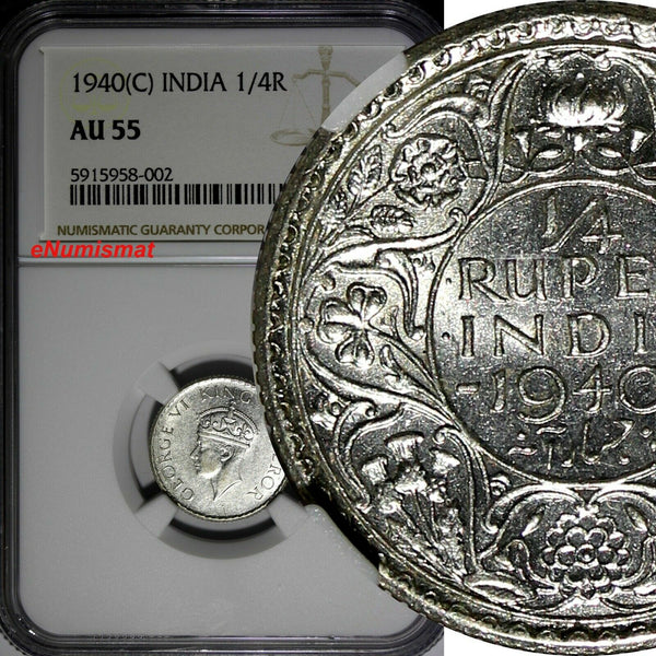 India-British George VI Silver 1940 (C) 1/4 Rupee NGC AU55 KM# 545 (002)