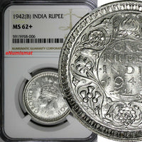 India-British George VI Silver 1942 (B) Rupee NGC MS62+ Mint Luster KM# 556 (06)