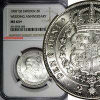 SWEDEN Oscar II Silver 1907-EB 2 Kronor NGC MS63+ Golden Wedding Anniv.KM#776(8)