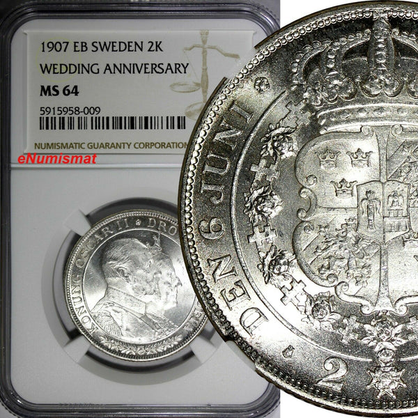 SWEDEN Oscar II Silver 1907-EB 2 Kronor NGC MS64 Golden Wedding Anniv.KM#776(9)