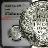 India-British George VI Silver 1940 (B) 1/2 Rupee Bombay NGC AU58 KM# 550a (012)