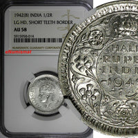 India-British George VI Silver 1942 (B) 1/2 Rupee Large Head NGC AU58 KM#551(14)