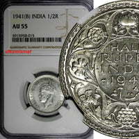 India-British George VI Silver 1941 (B) 1/2 Rupee Bombay NGC AU55 KM# 551 (015)