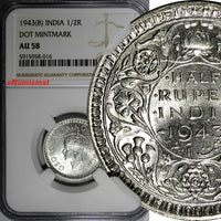 India-British George VI Silver 1943 (B) 1/2 Rupee DOT NGC AU58 KM# 552 (016)