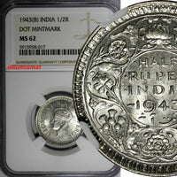 India-British George VI Silver 1943 (B) 1/2 Rupee DOT NGC MS62 KM# 552 (017)