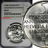 Switzerland Silver 1948 B 5 Francs NGC MS63 Constitution Centennial KM# 48 (026)