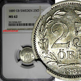 Sweden Oscar II Silver 1889 EB 25 Ore NGC MS62 Mint-422,000 RARE DATE KM# 739(7)