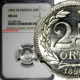 Sweden Oscar II Silver 1896 EB 25 Ore NGC MS64 NICE GEM  KM# 739 (028)