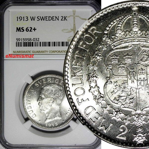 Sweden Gustaf V Silver 1913 W 2 Kronor Mint-304,616 NGC MS62+ SCARCE KM# 787(32)