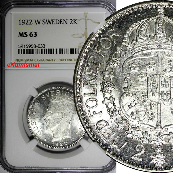 Sweden Gustav V Silver 1922 W 2 Kronor Mintage-201,821 NGC MS63 KM# 787 (033)