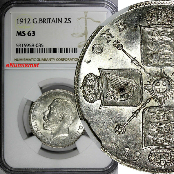 GREAT BRITAIN George V Silver 1912 Florin 2 Shillings NGC MS63 KM# 817 (035)