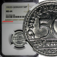 Germany, Weimar Republic Aluminum 1922 D 50 Pfennig NGC MS64 KM# 27 (038)