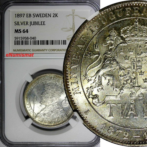 SWEDEN Silver Jubilee Oscar II 1897 EB 2 Kronor NGC MS64 KM# 762 (040)