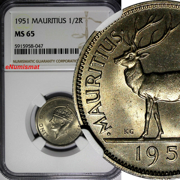 Mauritius George VI 1951 1/2 Rupee NGC MS65 1 GRADED HIGHEST KM# 28 (047)